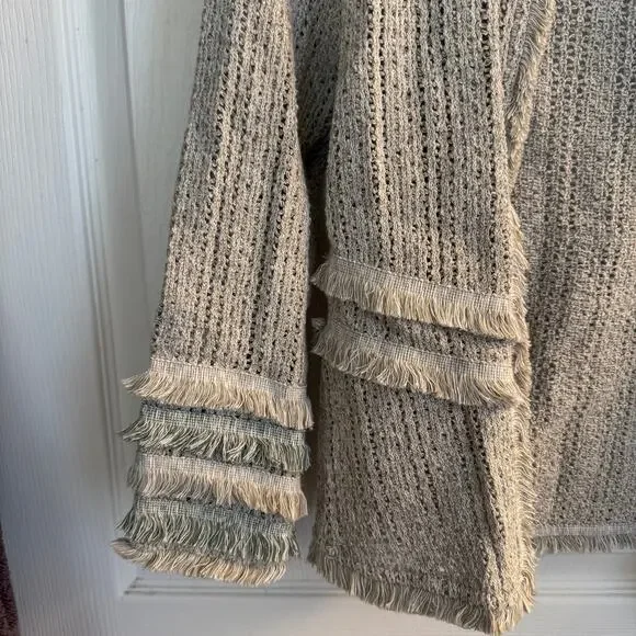 Nic +Zoe Sweater Women's XS Gray Sage Fringe Knit Open Front